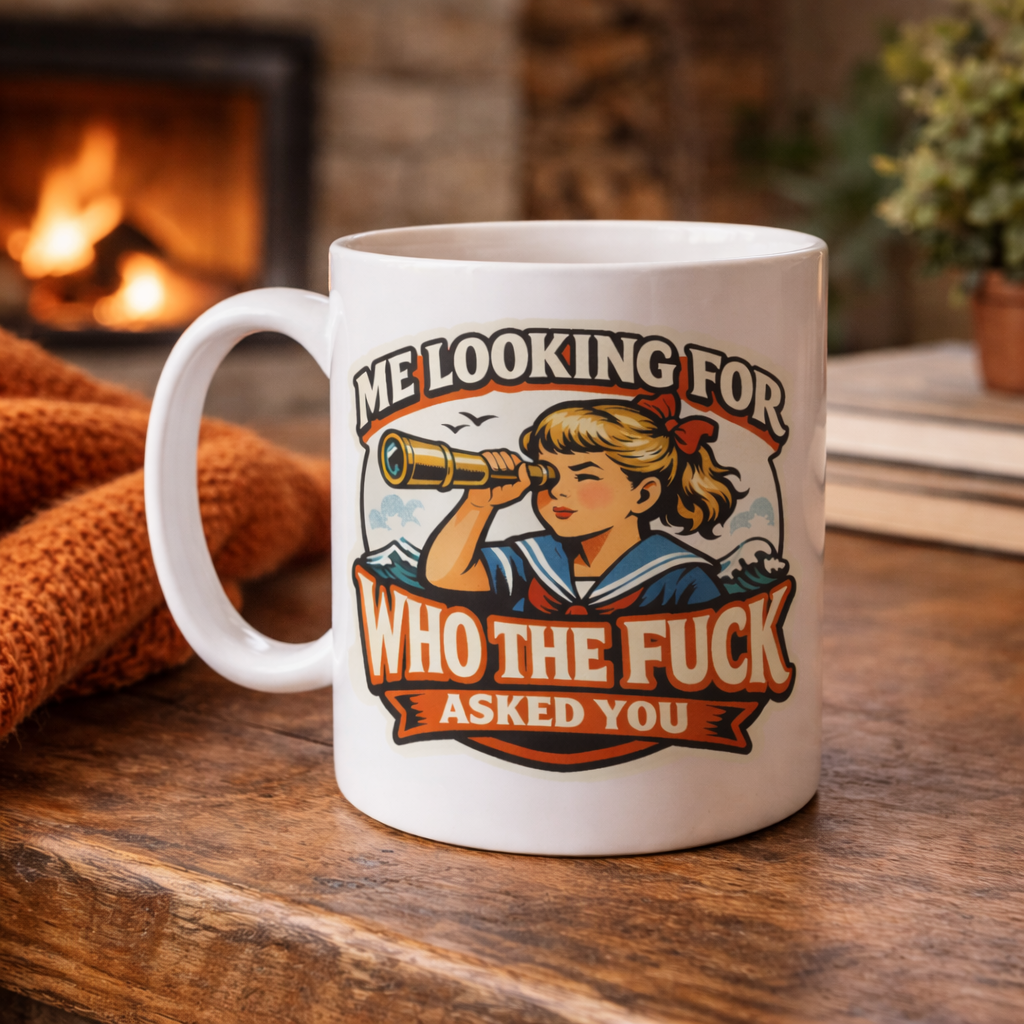 Mug with graphic design and text on a wooden surface with a cozy background