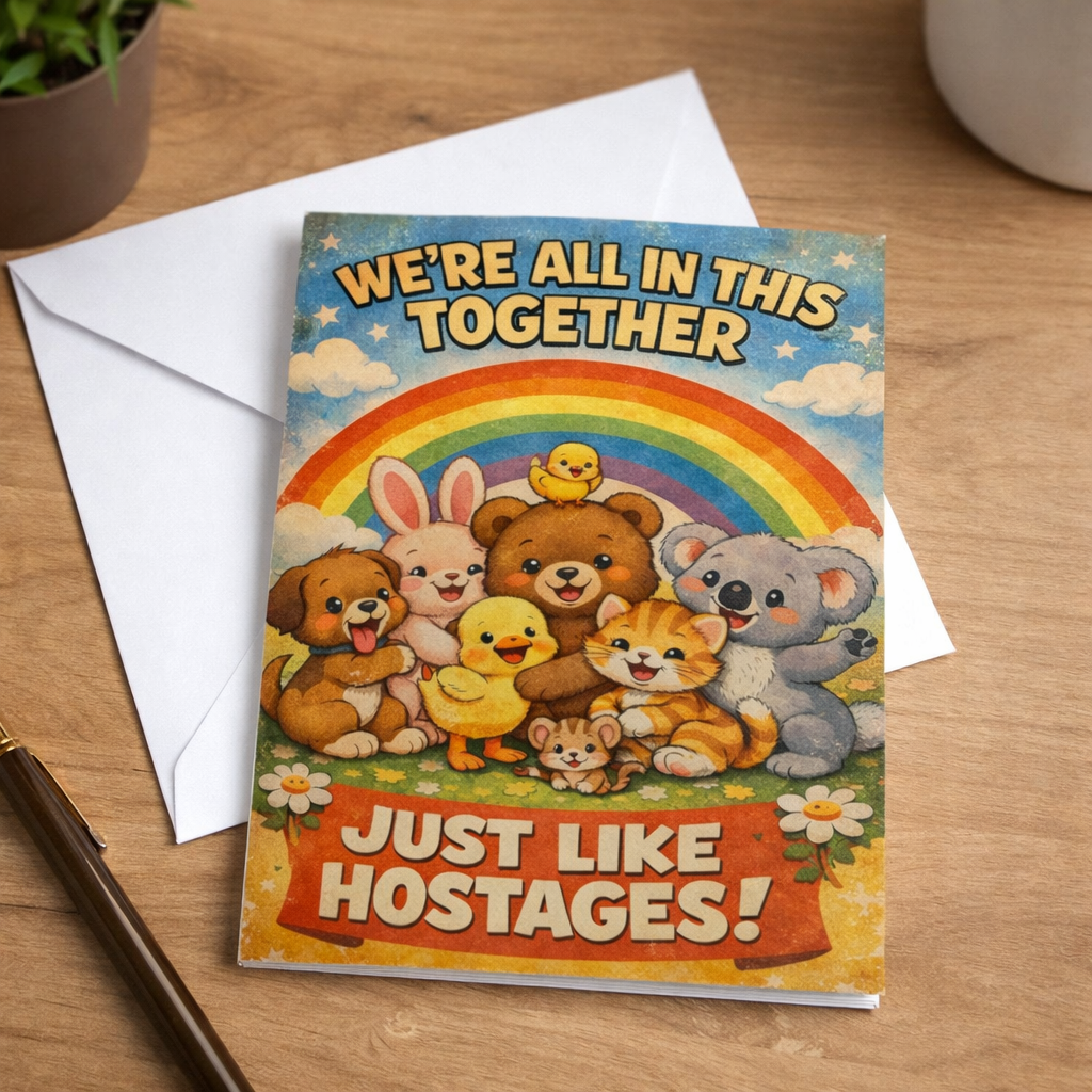 Card with cartoon animals and humorous text on a wooden surface
