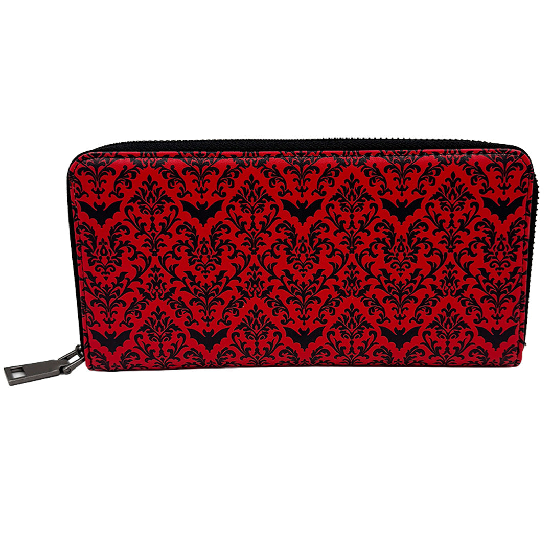Red and black patterned wallet on a white background