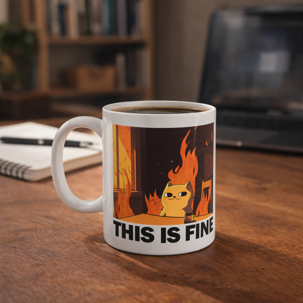 Mug with a cat on fire graphic and 'This is Fine' text on a wooden table.