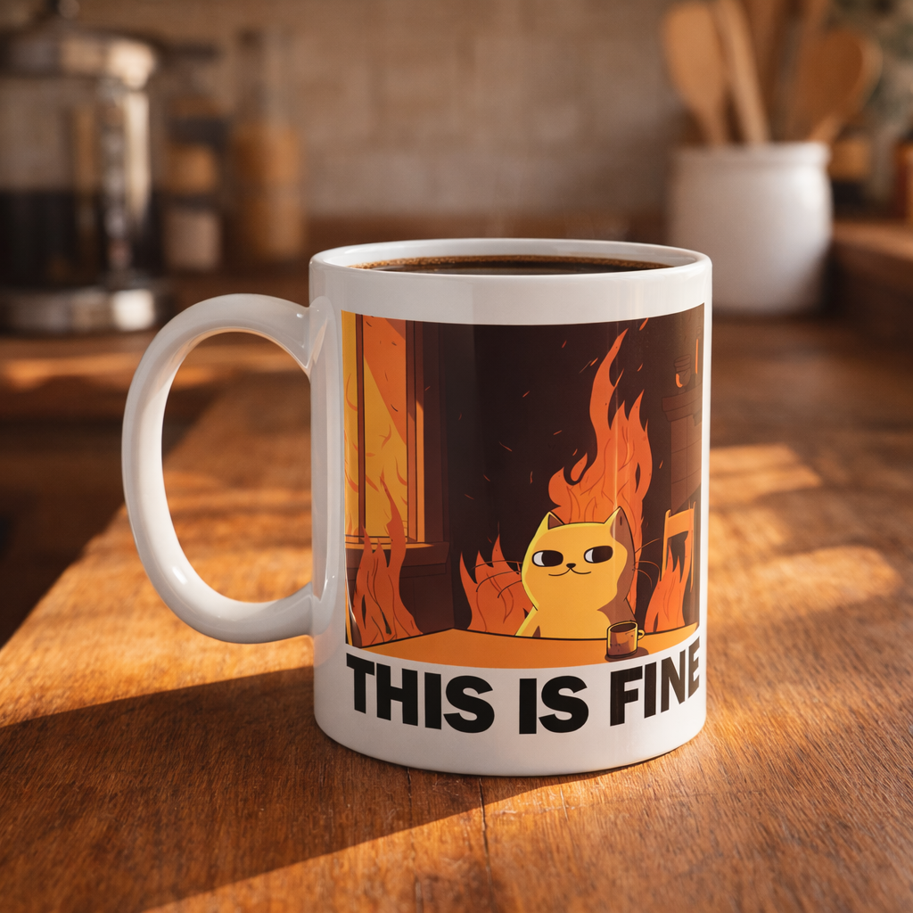 Mug with a cat on fire graphic and 'This is Fine' text in a kitchen setting