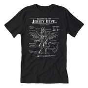 Black t-shirt with 'Anatomy of the Jersey Devil' graphic design on a white background