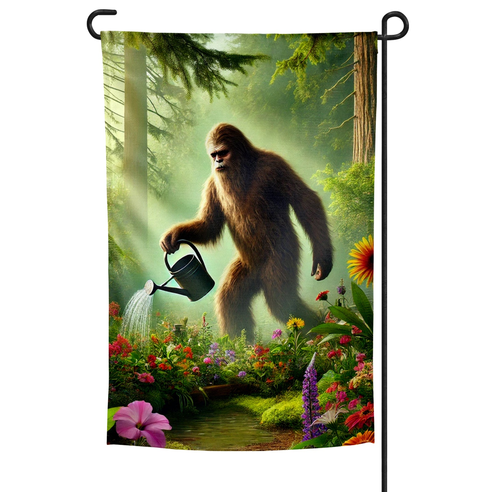 A garden flag featuring an illustration of a bigfoot-like creature with a watering can, standing in a garden setting with various plants and trees in the background.