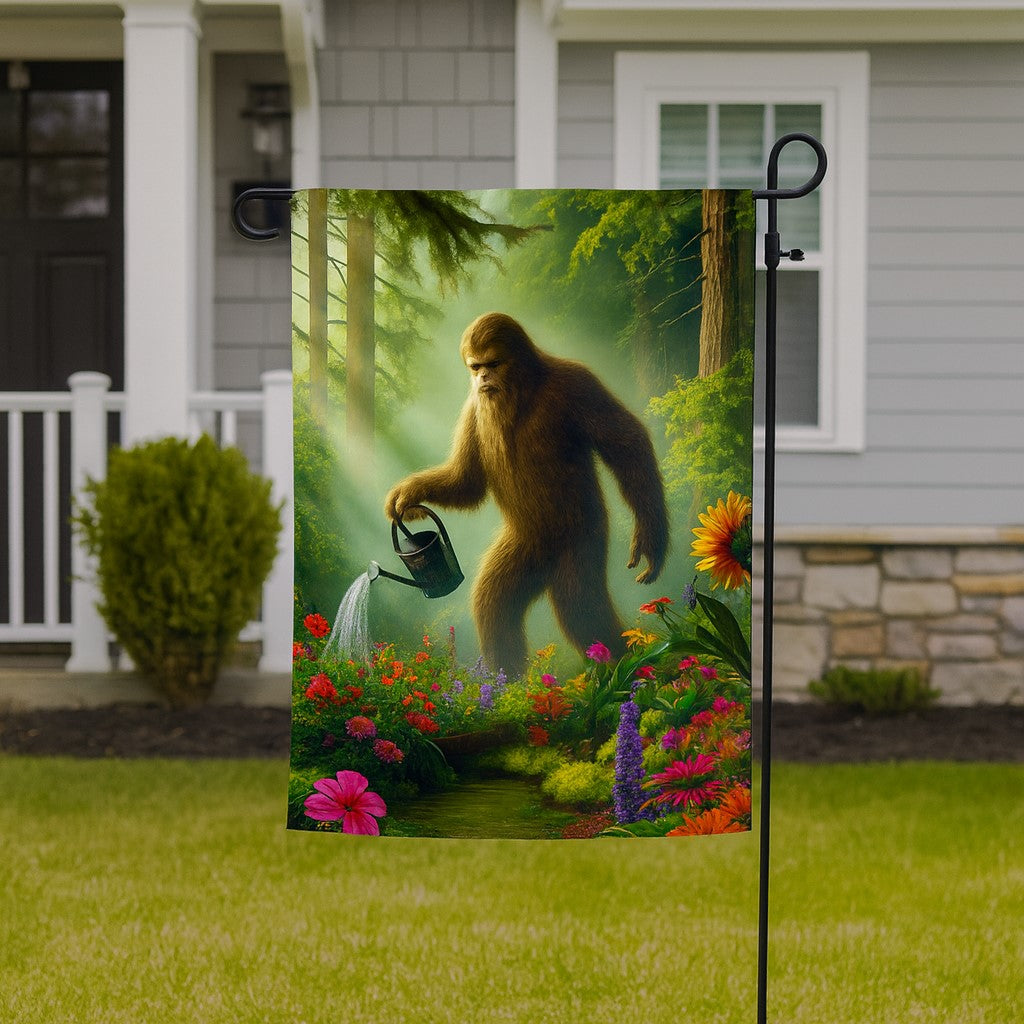 Garden flag with a cartoon Sasquatch watering flowers in front of a house.
