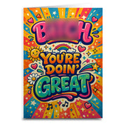 Colorful greeting card with 'You're Doin' Great' text and various graphics on a white background
