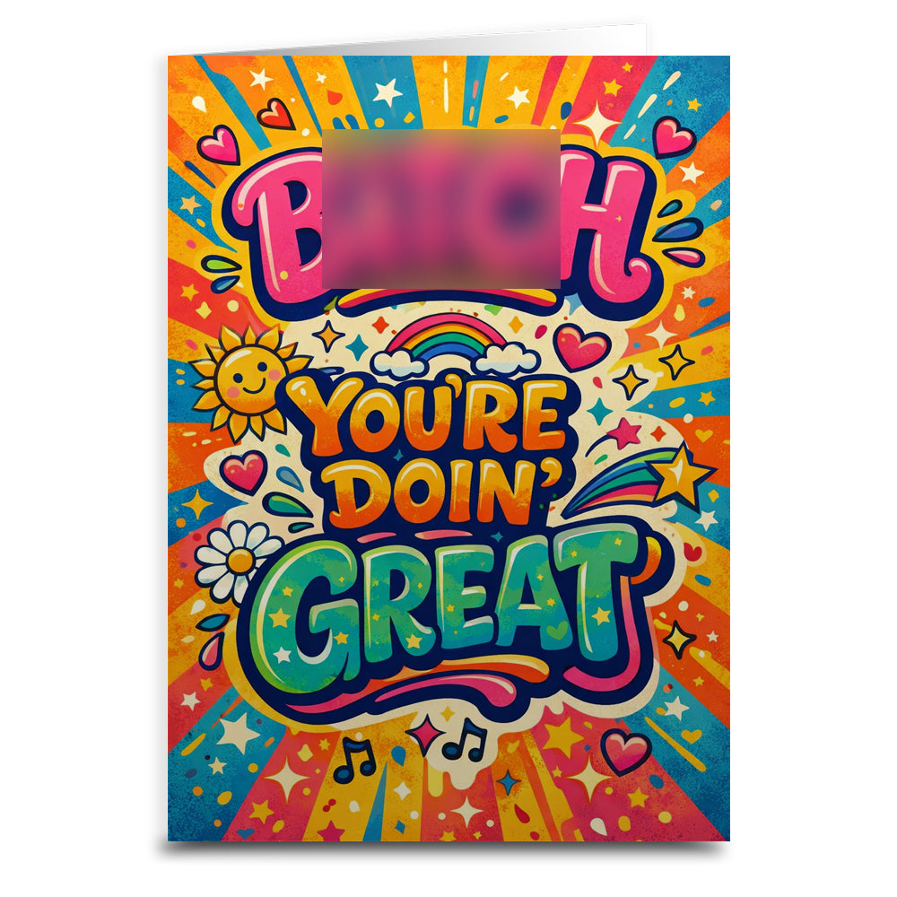 Colorful greeting card with 'You're Doin' Great' text and various graphics on a white background