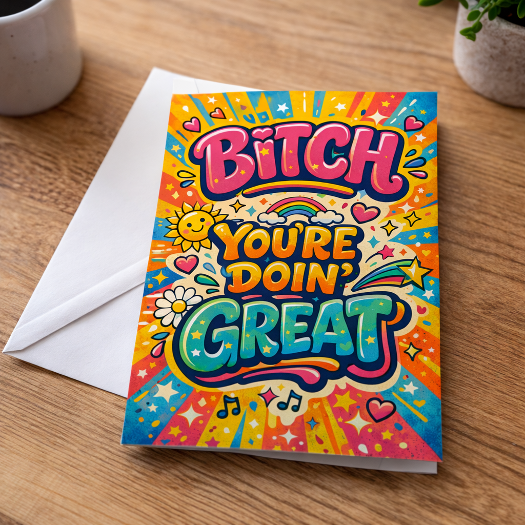 Colorful card with 'B--ch you're doin' great' text on a wooden surface.