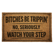 Doormat with humorous text on a white background