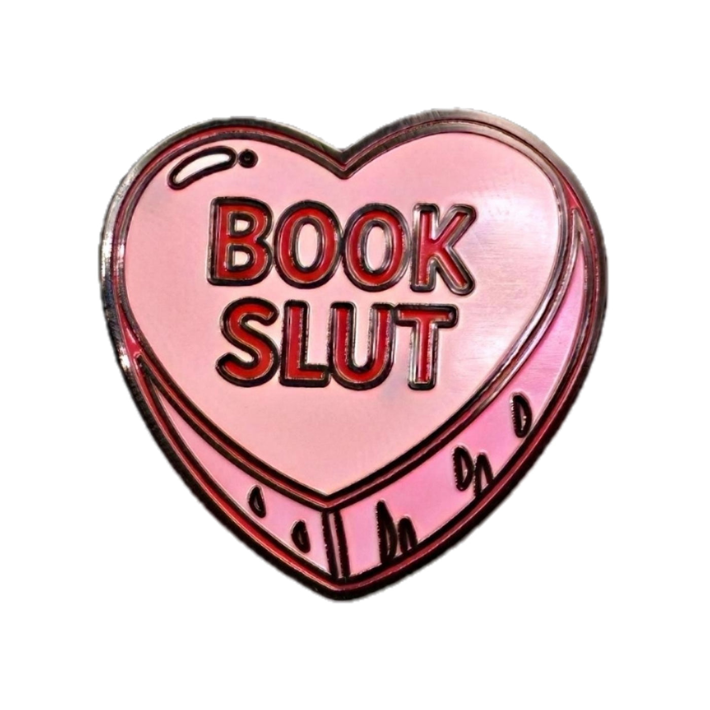Heart-shaped pink enamel pin with 'BOOK SLUT' text on a white background