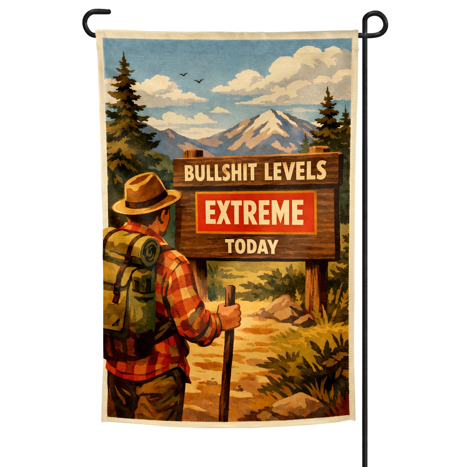 Decorative flag with a hiker and mountain scene, featuring a sign with text.