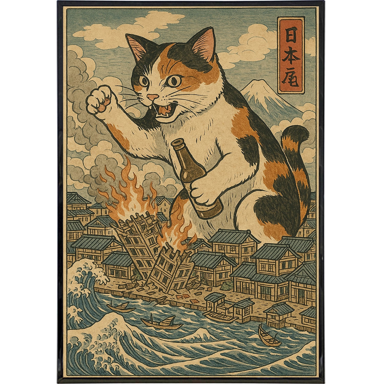 Cat Destroying City Ukiyo-E Original Poster Print