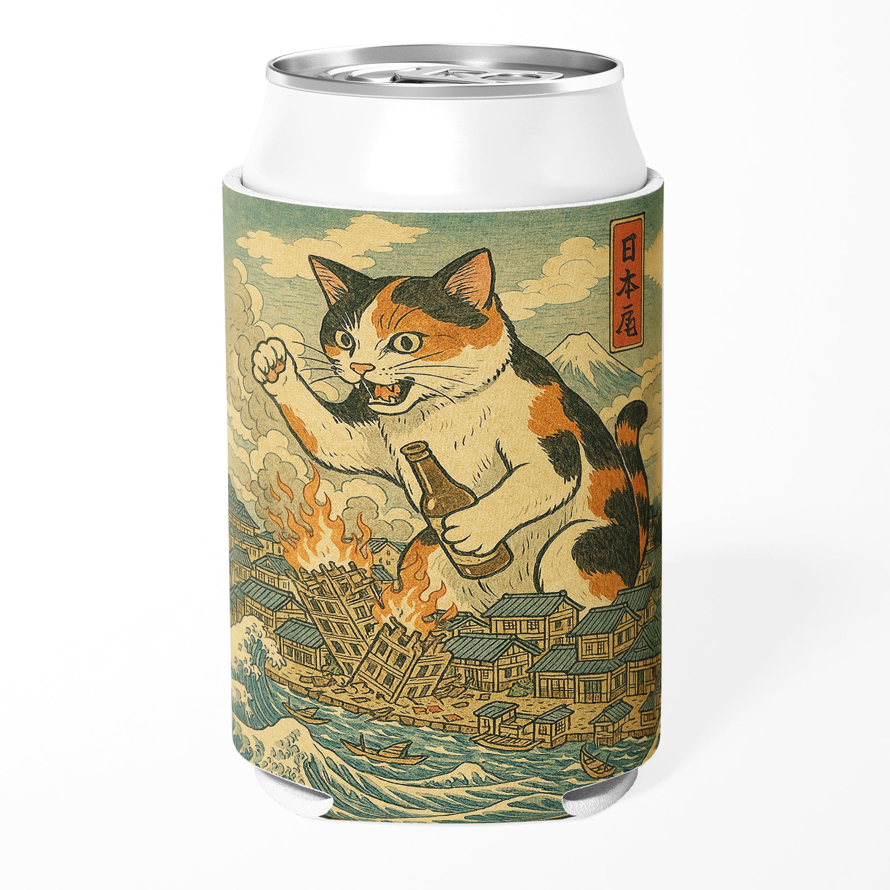 Cat Destroying City Japanese Ukiyo-E Can Cooler - Shady Front