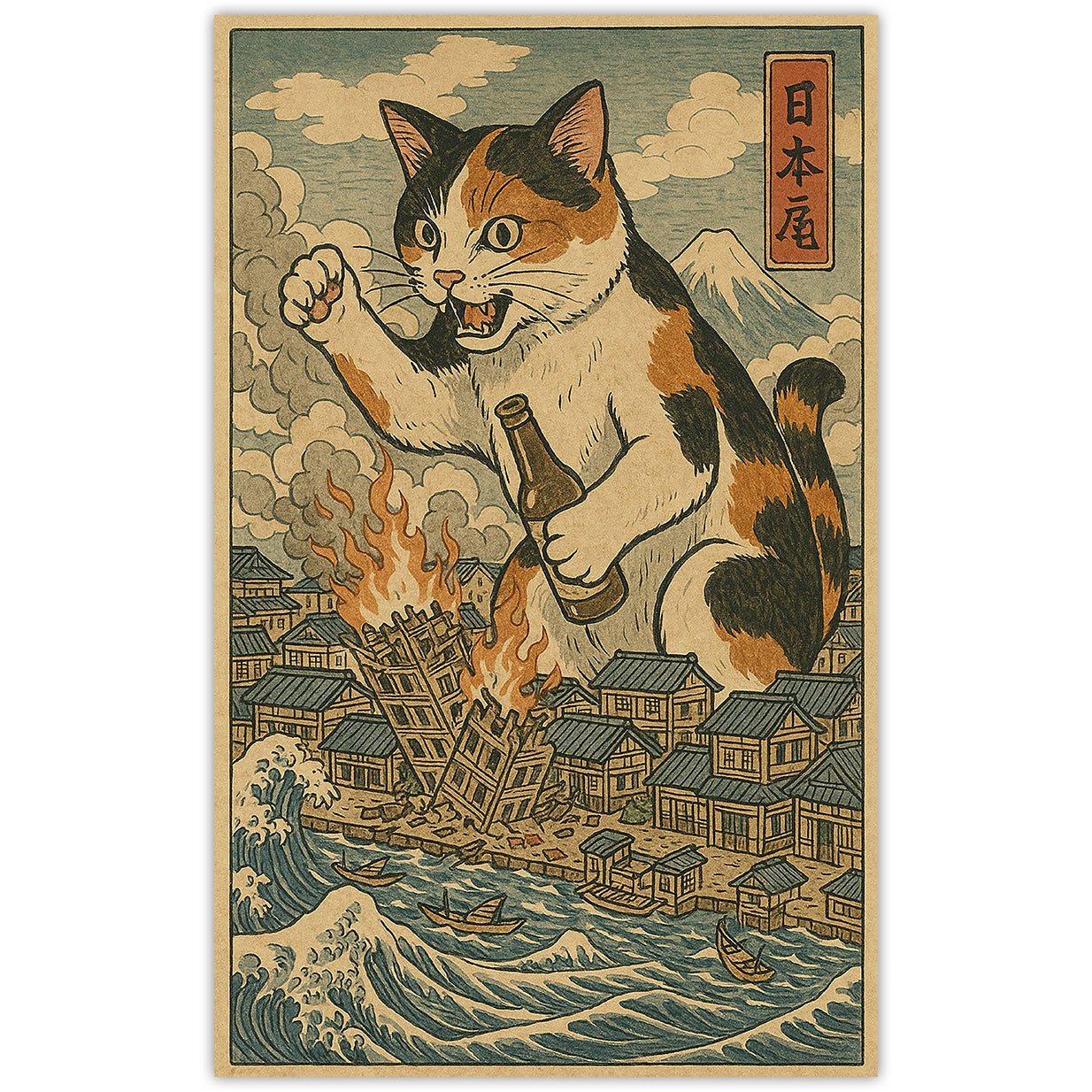 Cat Destroying City Ukiyo-E Sticker - Shady Front