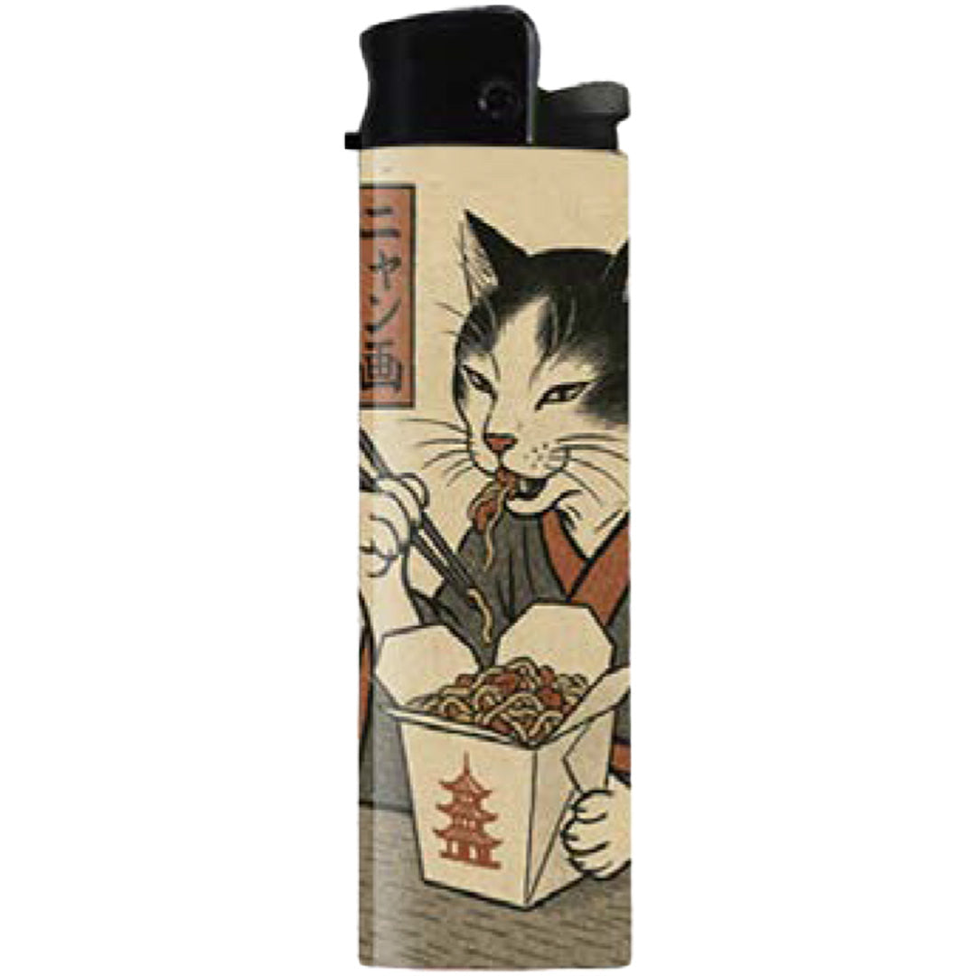Cat with Takeout Japanese Ukiyo-e Style Lighter - Shady Front