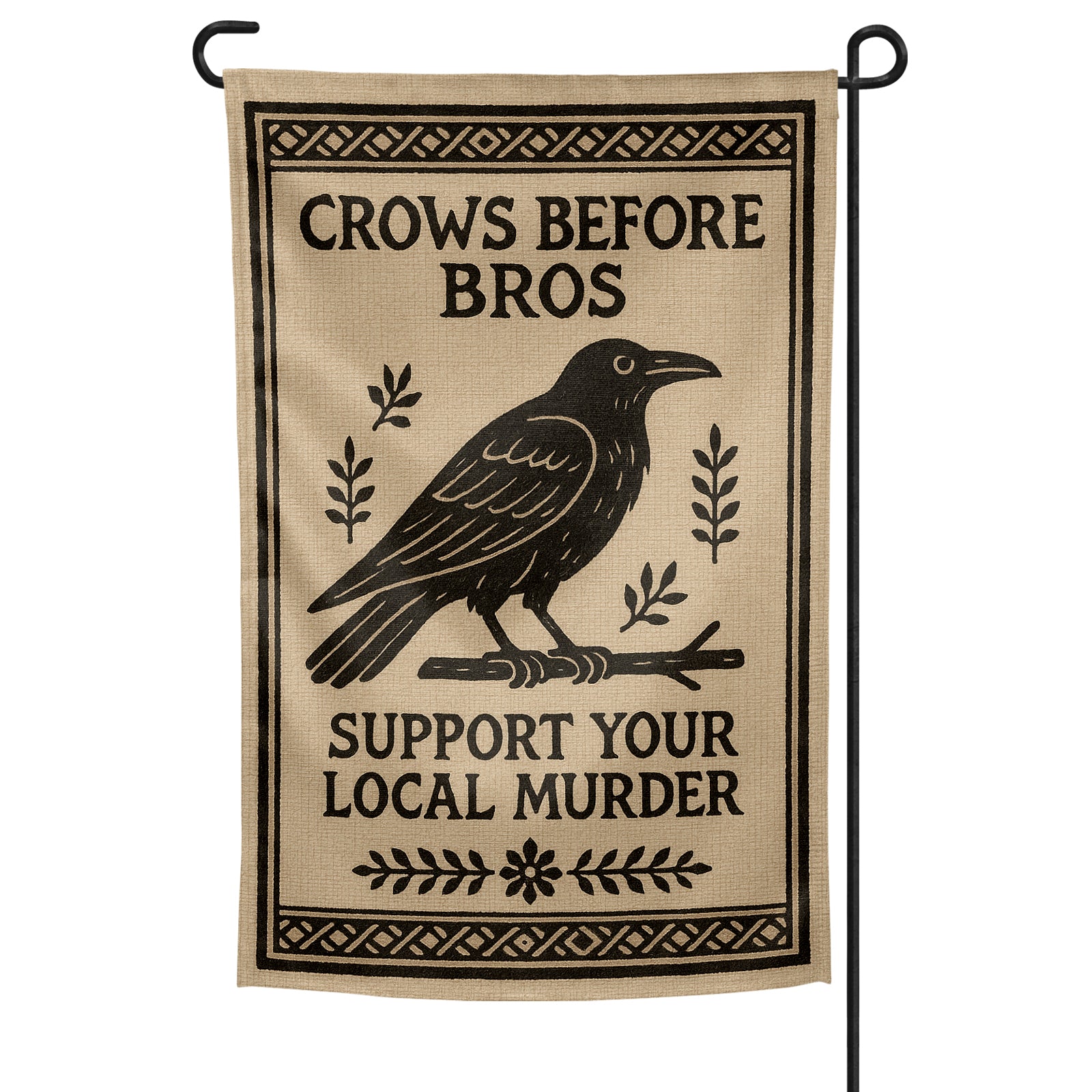 Decorative garden flag with a crow design and text on a beige background.
