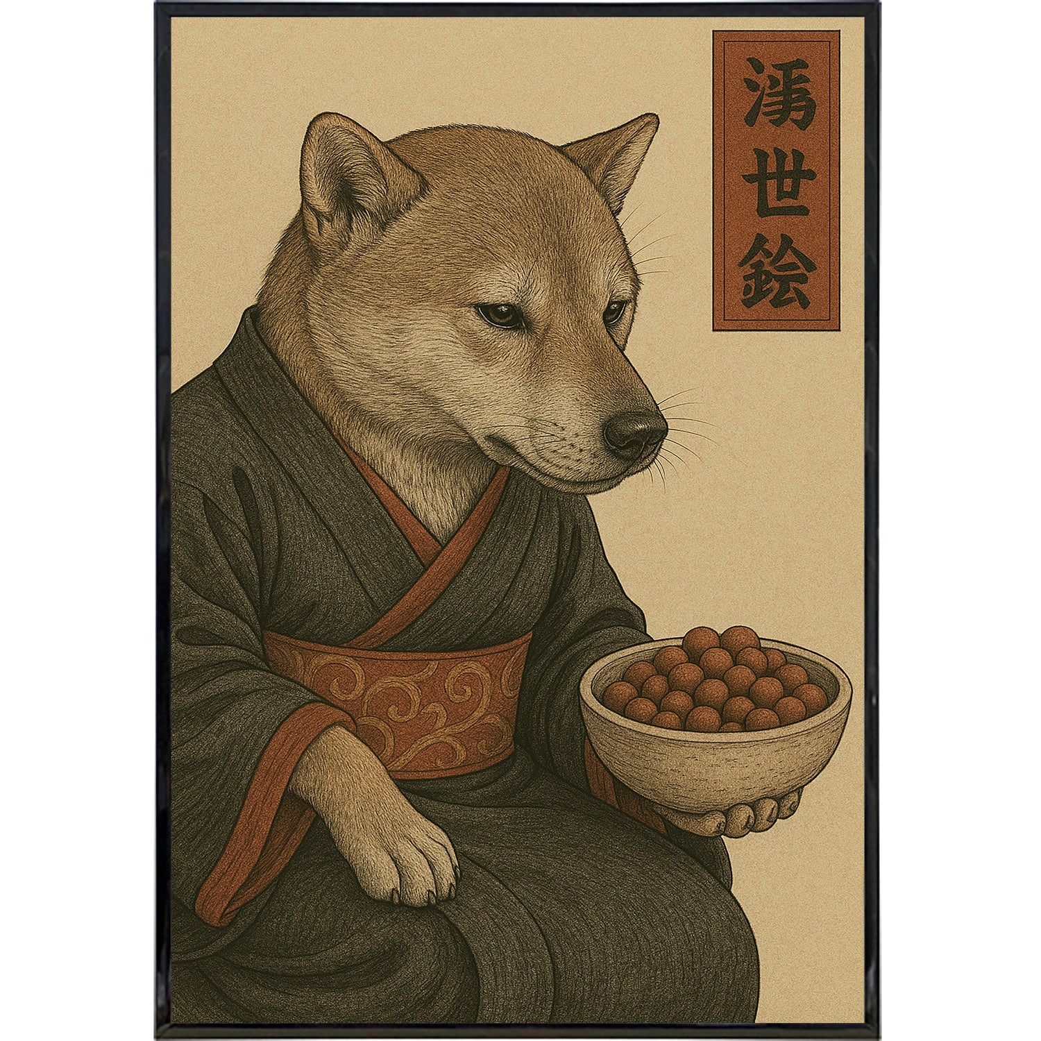 Dog Contemplating Kibble Japanese Ukiyo-e Style Poster Print - Shady Front