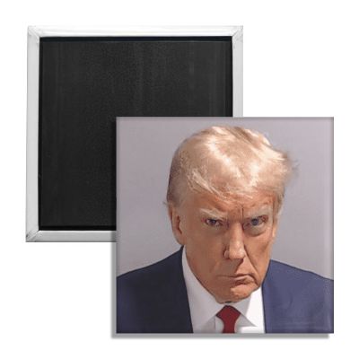 This image displays a square fridge magnet featuring a mugshot portrait of Donald Trump. The magnet is designed for indoor use and measures approximately 2 by 2 inches.