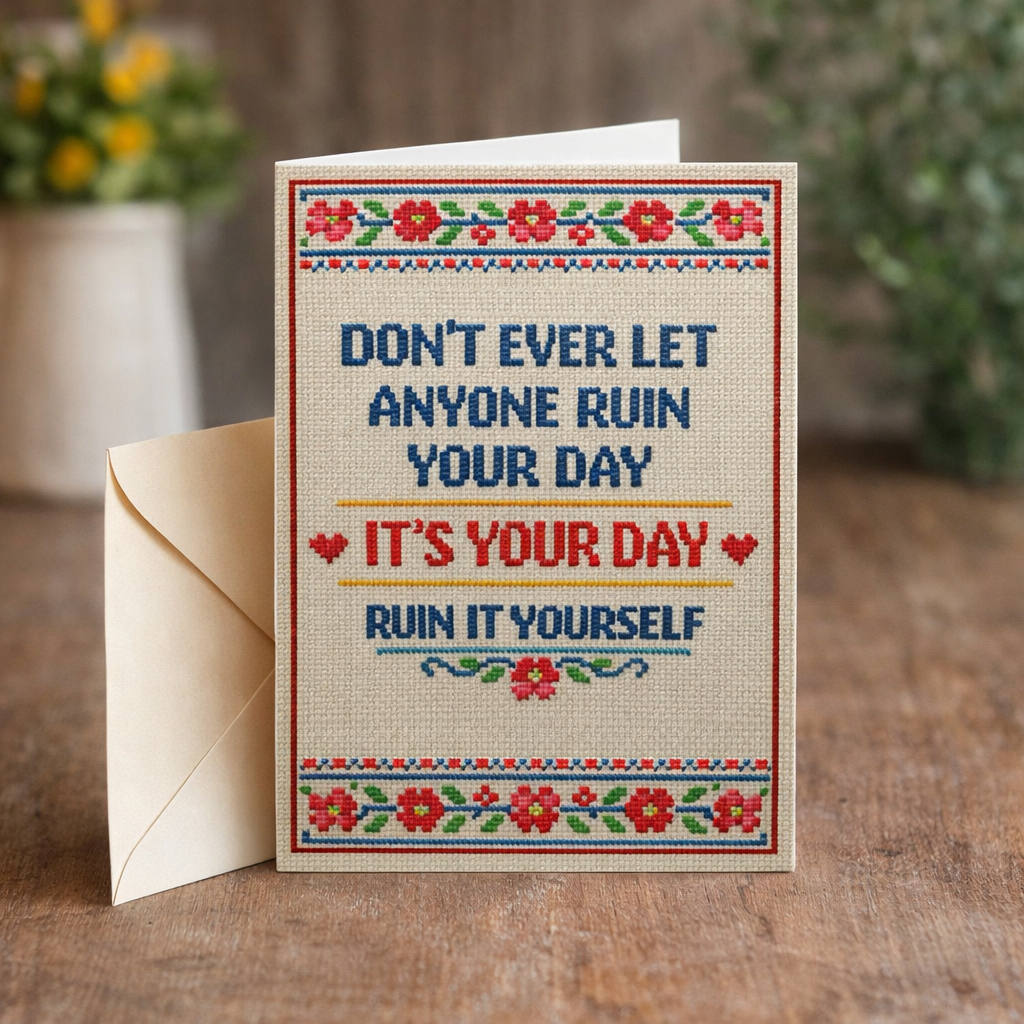 Greeting card with motivational quote and floral border on a wooden surface