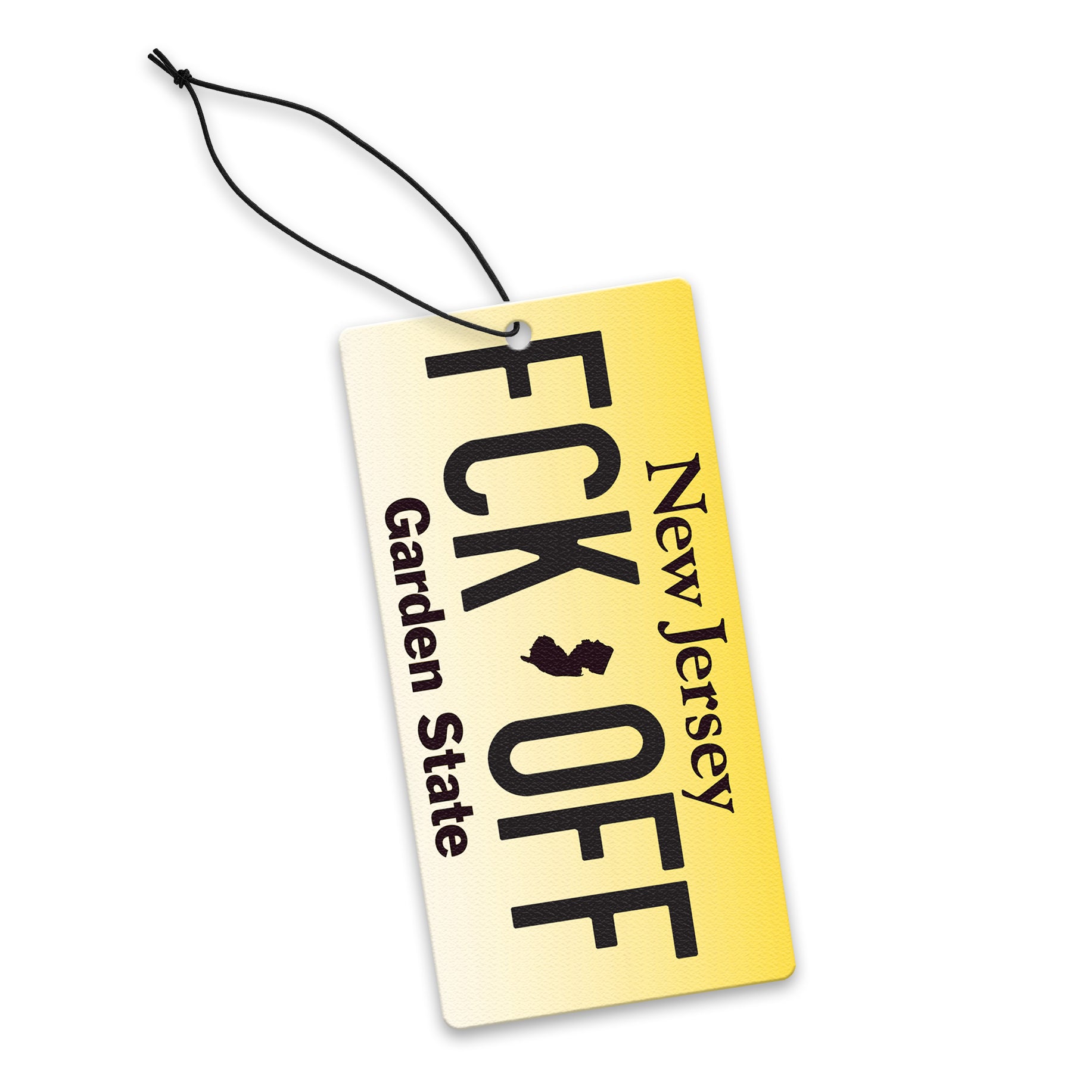 A yellow license plate air freshener with the text 'FCK-OFF Garden State' in black, attached to a black string.