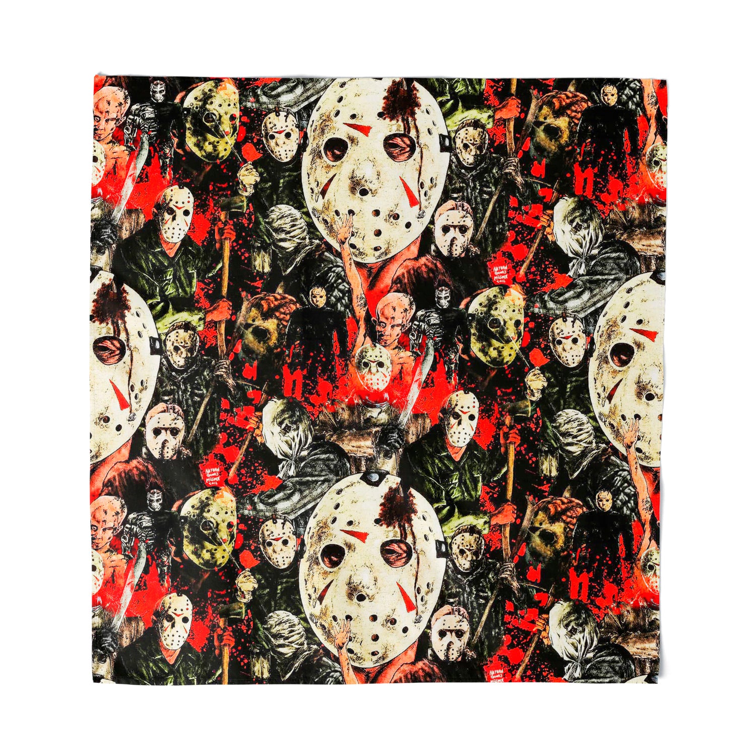 A bandana featuring a printed design with multiple Jason Voorhees masks in red, black, and white colors.