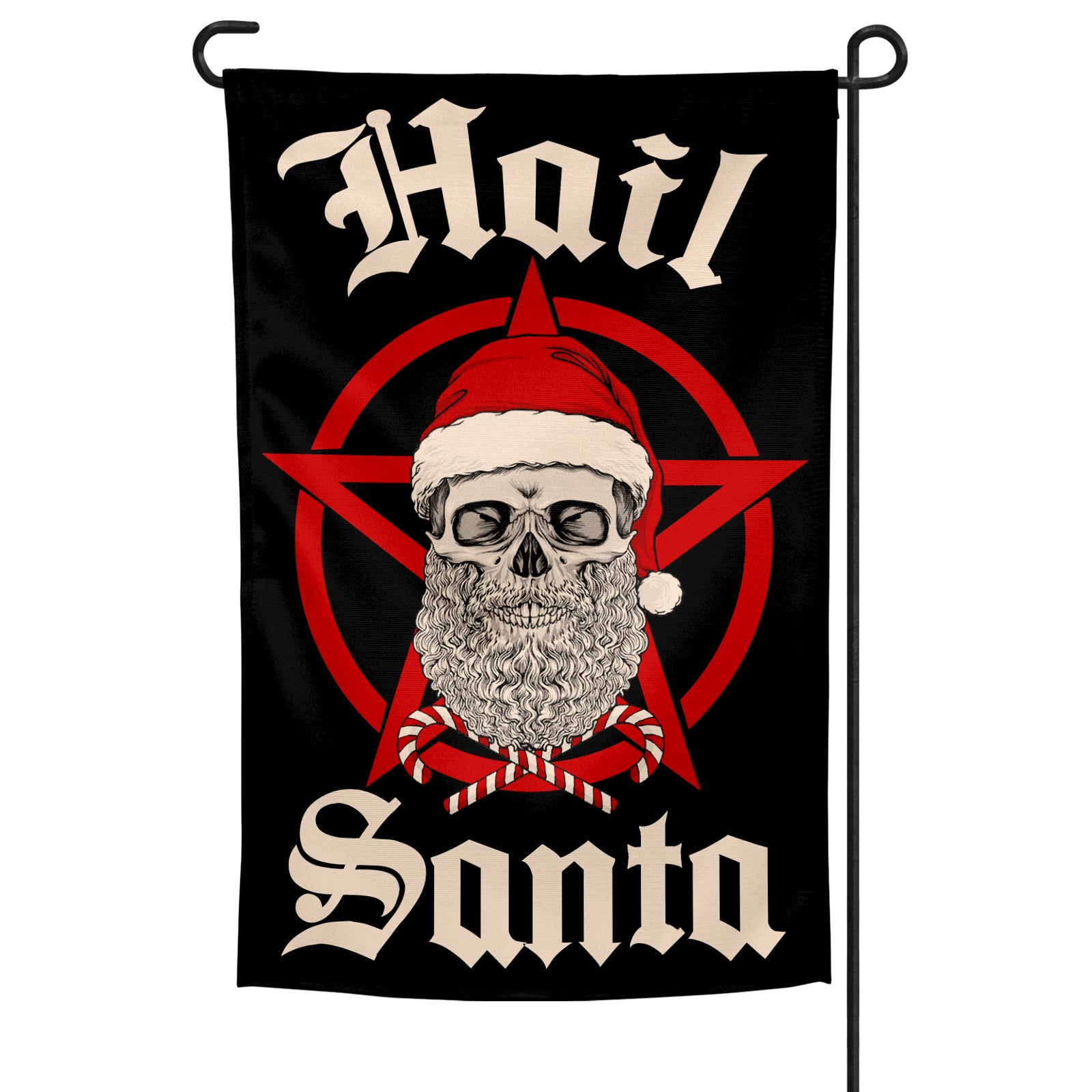 A garden flag with a black background featuring a graphic of a skull dressed as Santa Claus, with the text 'Hail Santa' printed above.