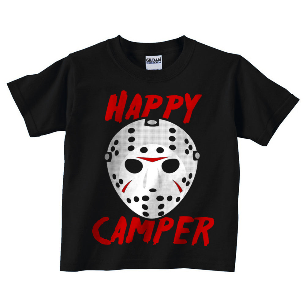 Black kids t-shirt with 'Happy Camper' text and a hockey mask graphic