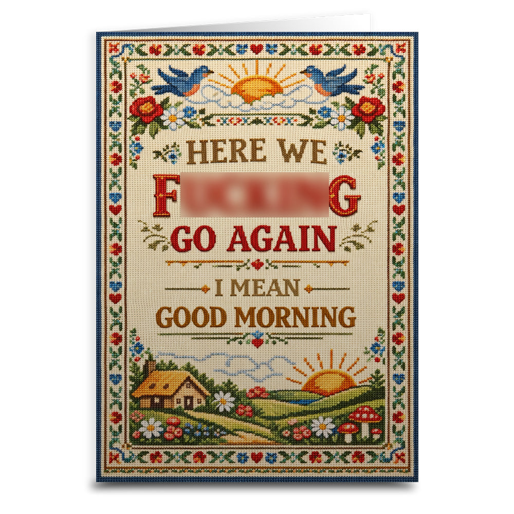 Decorative cross-stitch art with a scenic design and text on a white background