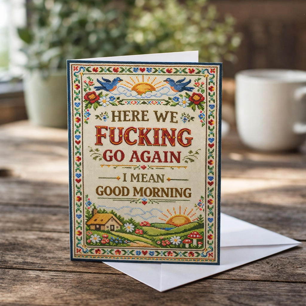 Greeting card with decorative border and text on a wooden surface with a blurred background