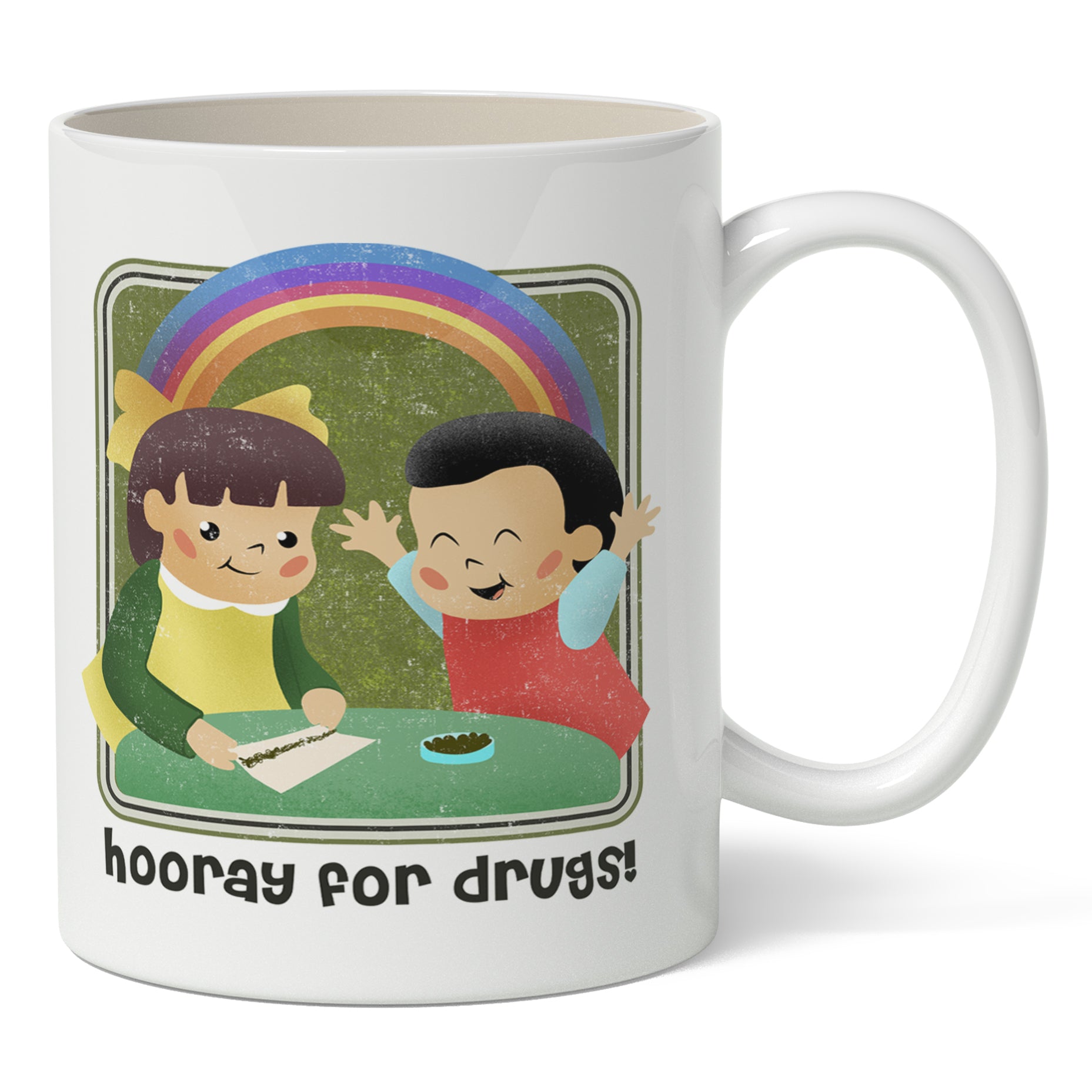 This image features a whimsical and colorful mug with the playful phrase "hooray for drugs!" The design depicts a vibrant illustration of two characters celebrating with a rainbow in the background, adding a fun and lighthearted touch to the mug's theme. This white ceramic mug holds 11 ounces and is crafted with a hand-dyed sublimation process to ensure a long-lasting and vibrant print.