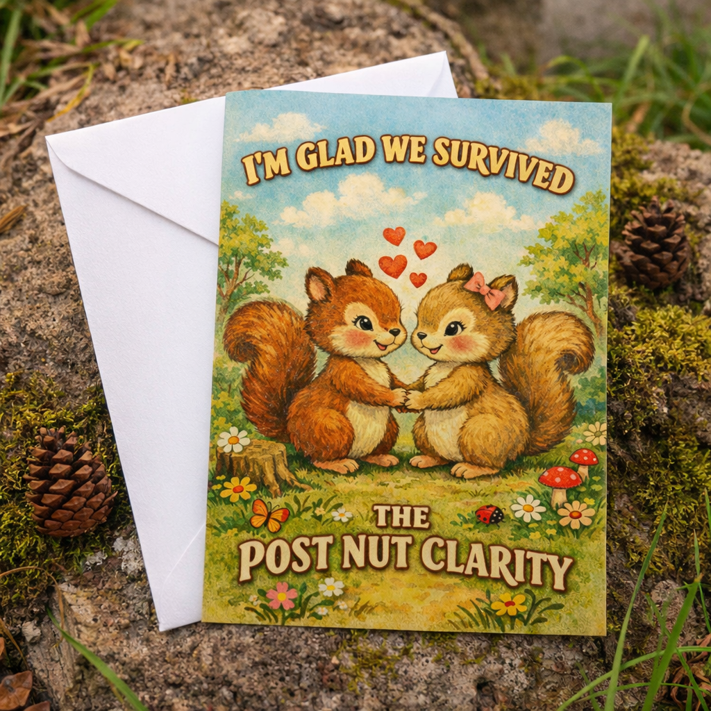 Greeting card with two squirrels holding hands and text 'I'm Glad We Survived The Post Nut Clarity' on a natural background.