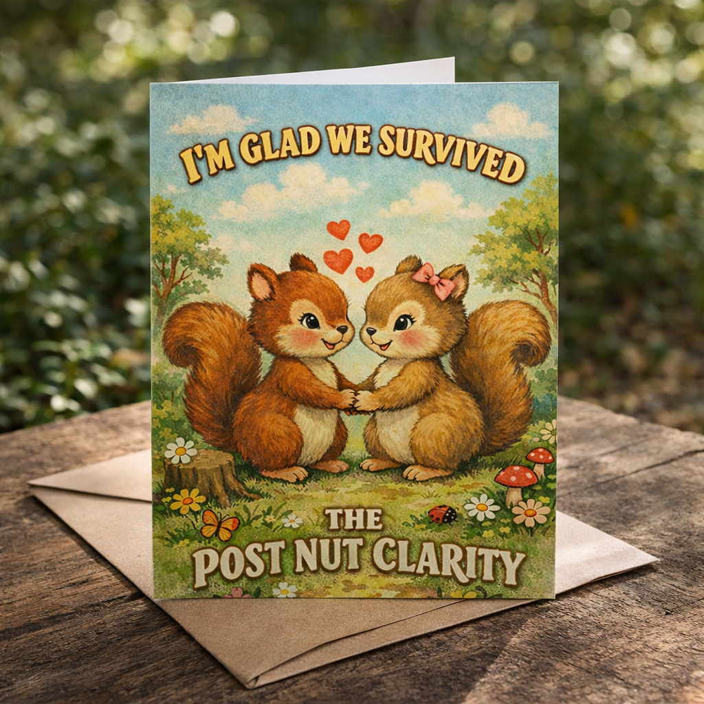 Greeting card with two squirrels holding hands and text 'I'm Glad We Survived The Post Nut Clarity' on a wooden surface.