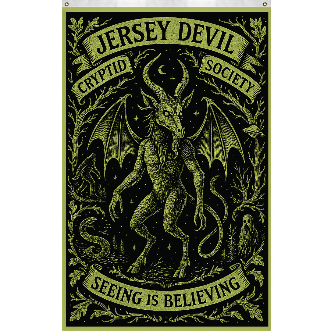 Jersey Devil Cryptid Society banner with a creature illustration and text on a dark background