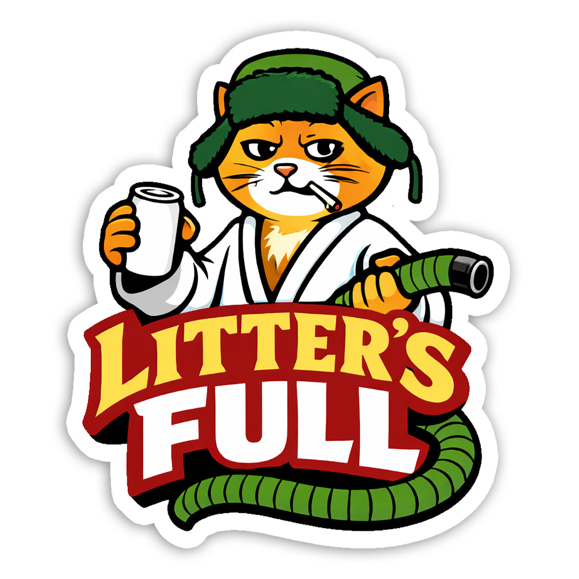 Cartoon cat character with a green bandana and white robe holding a sign that says 'LITTER'S FULL'.