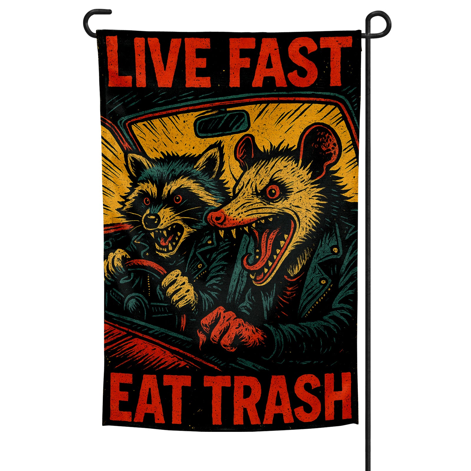 Garden flag with raccoons driving a car and 'Live Fast Eat Trash' text.