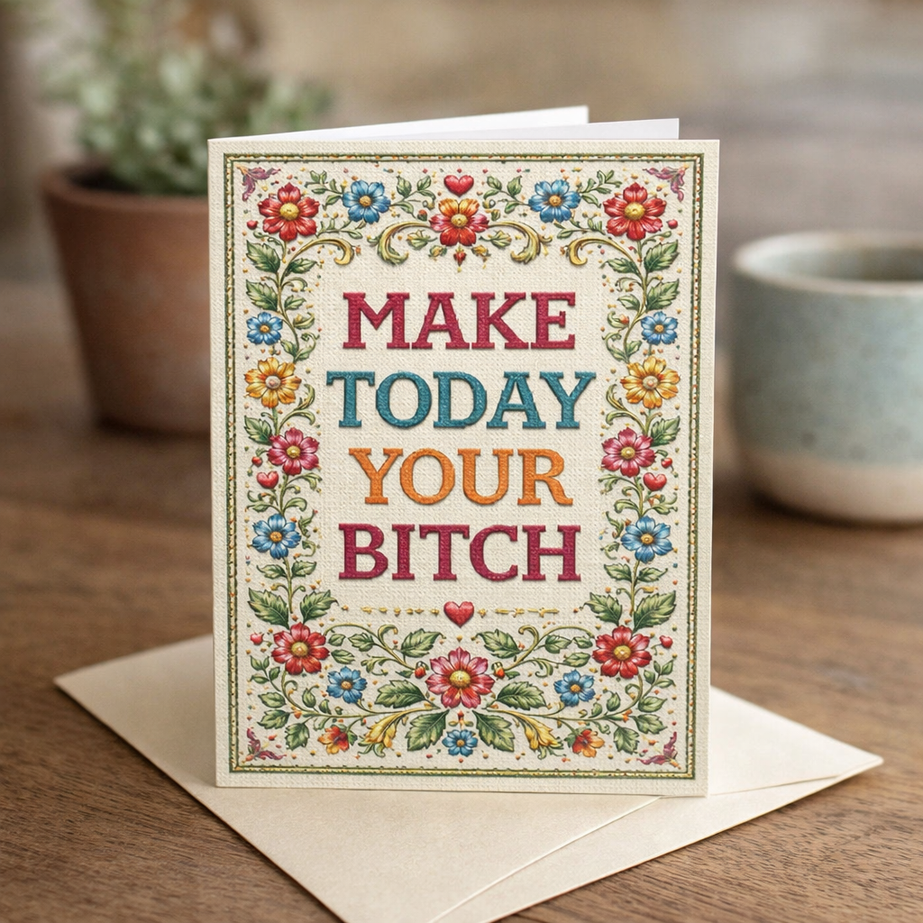 Greeting card with colorful text and floral design on a wooden surface