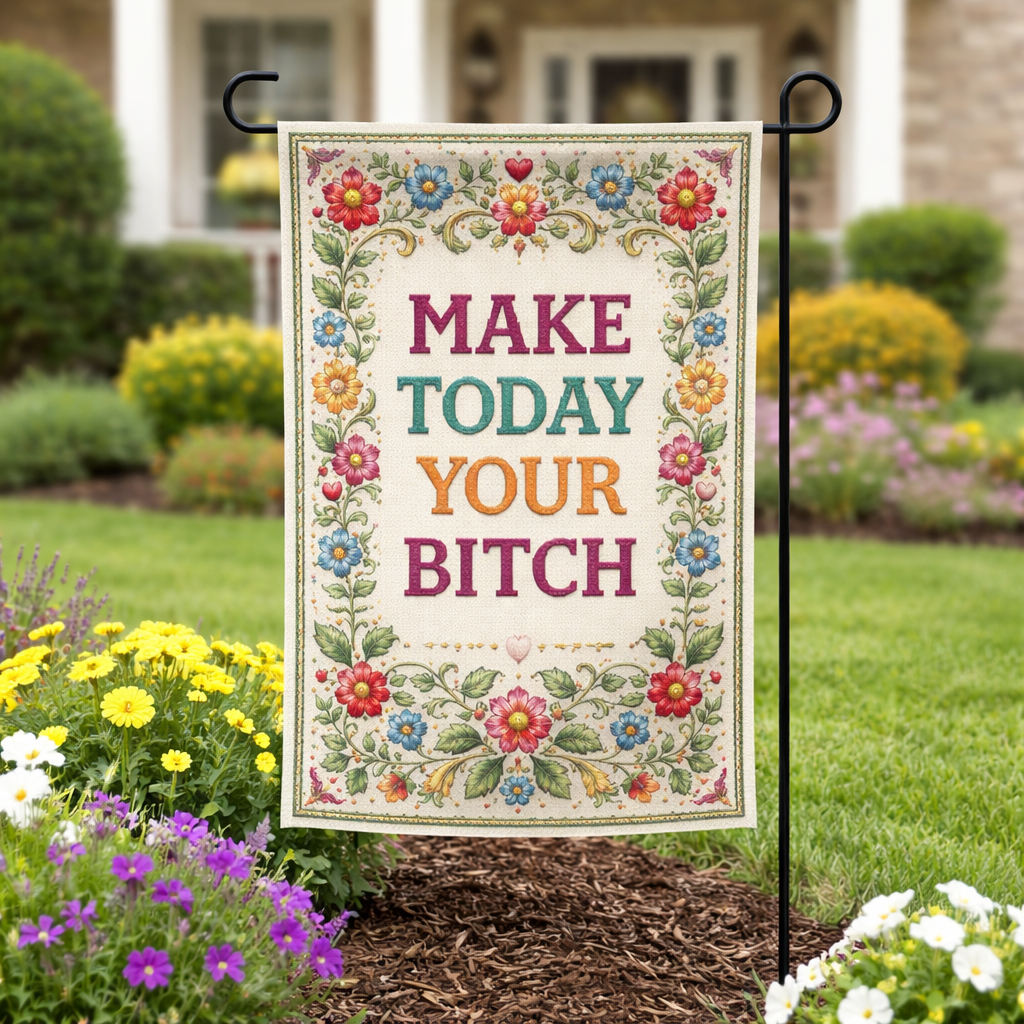 Decorative garden flag with colorful floral border and text in a garden setting.