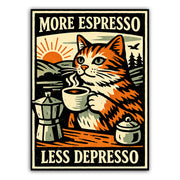 Poster with a cat holding a coffee cup and text 'More Espresso Less Depresso' in a scenic setting.