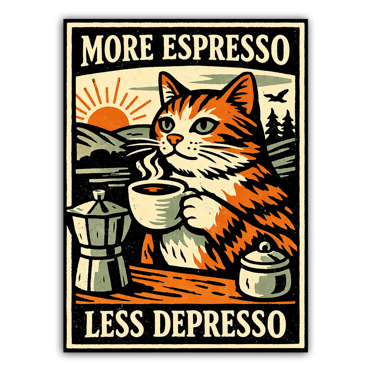 Poster with a cat holding a coffee cup and text 'More Espresso Less Depresso' in a scenic setting.