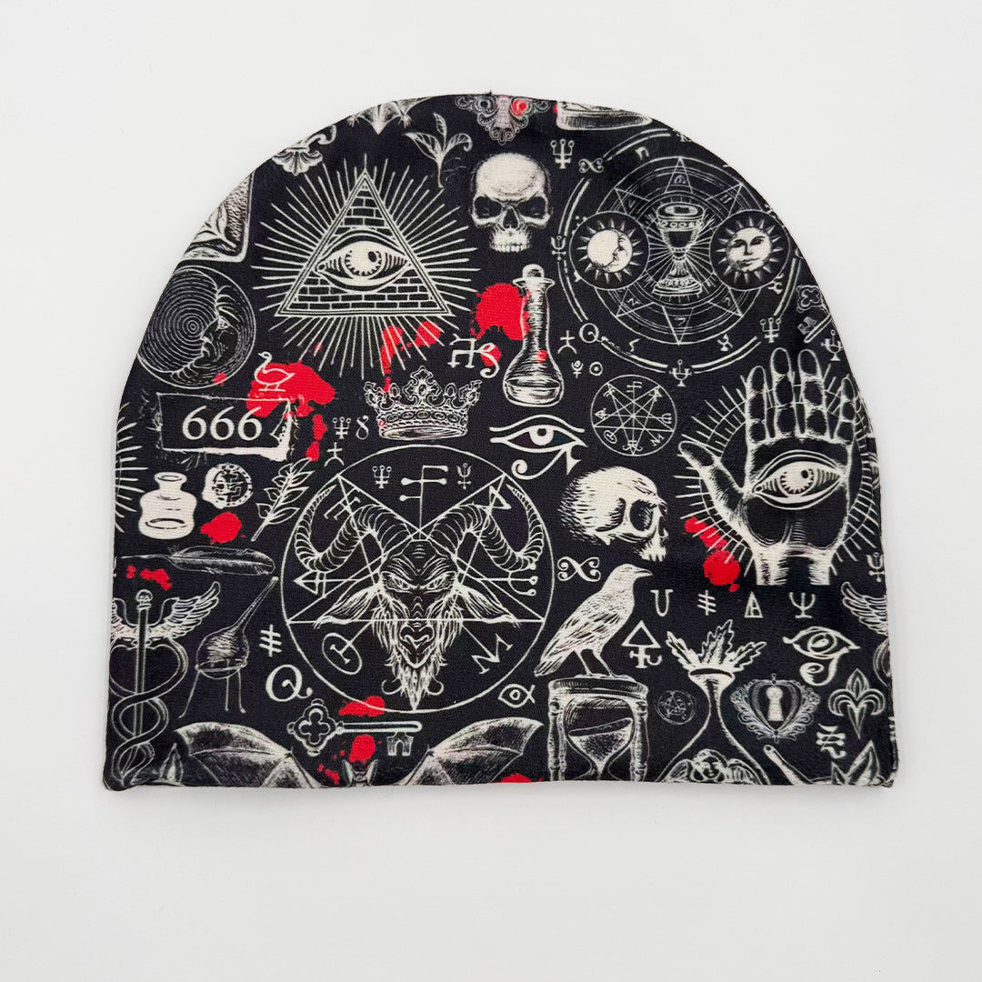 Black beanie with white and red symbols on a white background