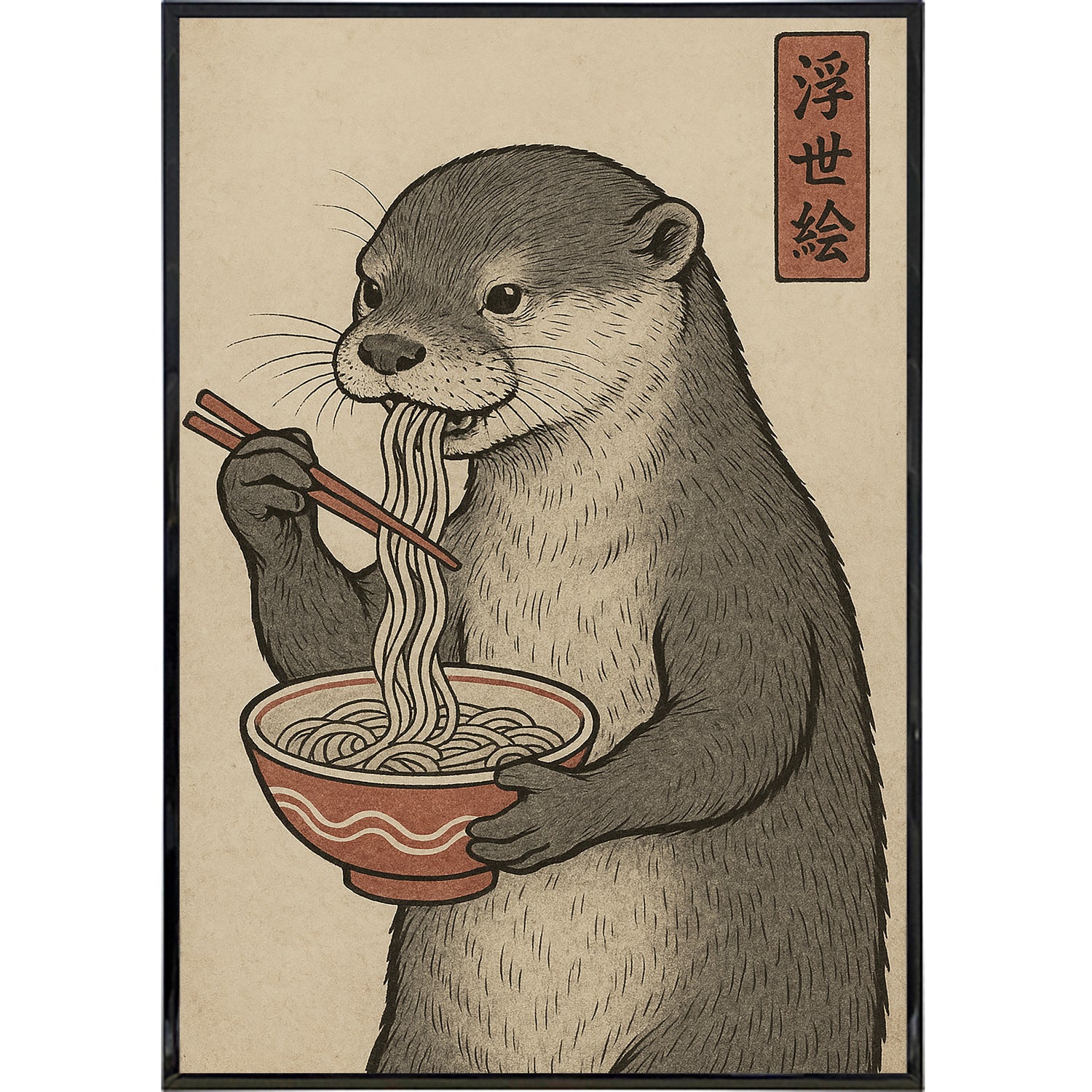 Otter Eating Noodles Japanese Ukiyo-e Style Poster Print - Shady Front