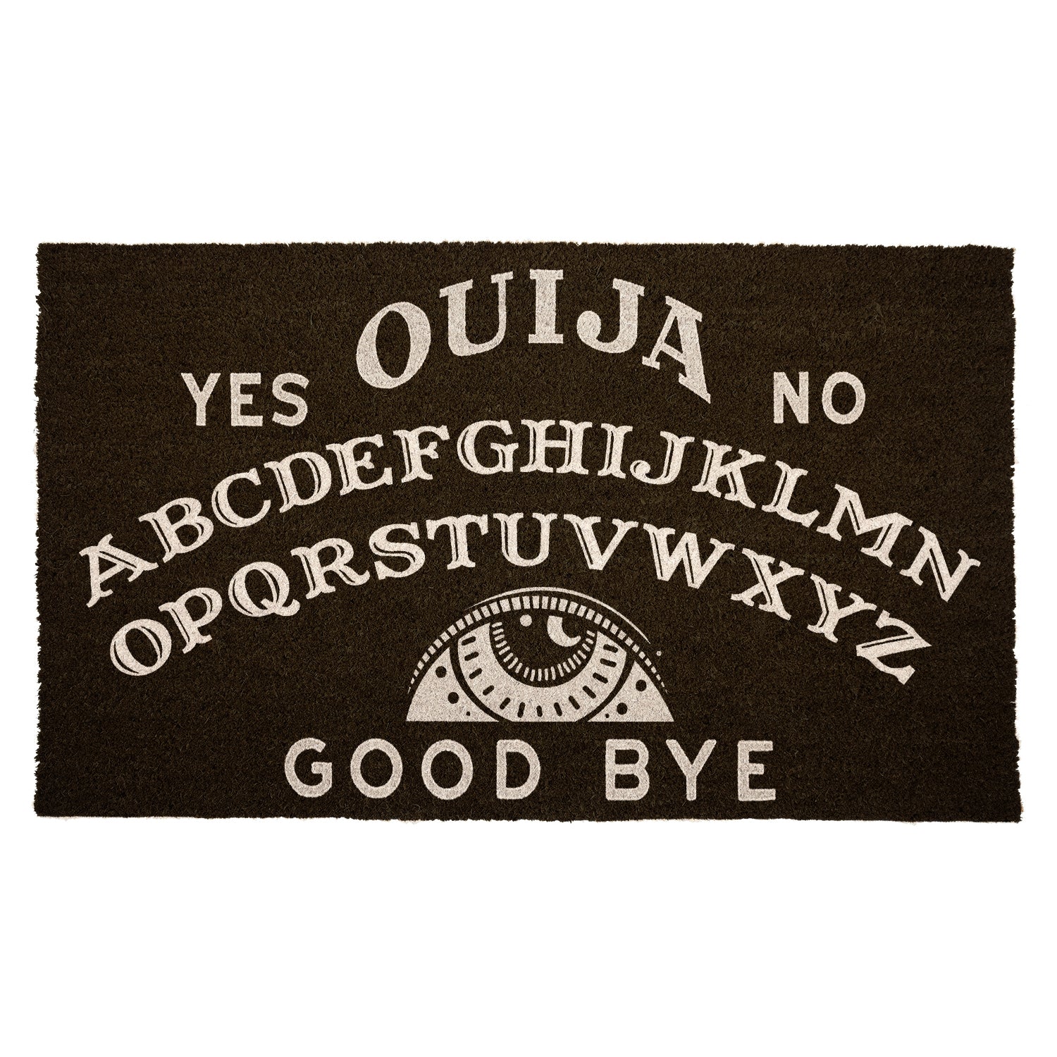 Ouija board design doormat with black background and white text