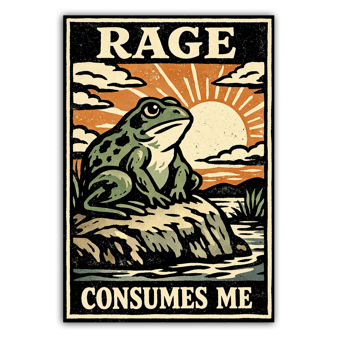 Vintage-style poster with a frog on a rock and 'RAGE CONSUMES ME' text.
