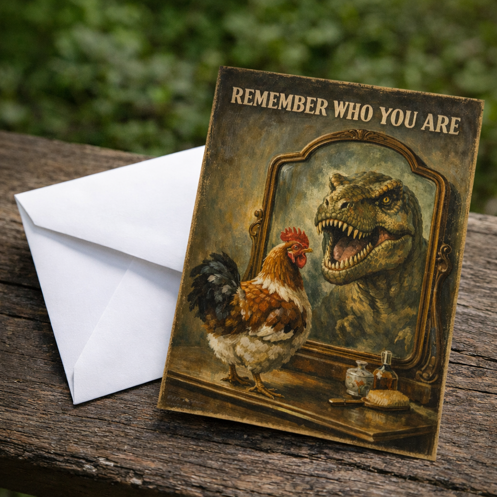 Card with a chicken looking at a dinosaur in a mirror, with 'Remember Who You Are' text, on a wooden surface.