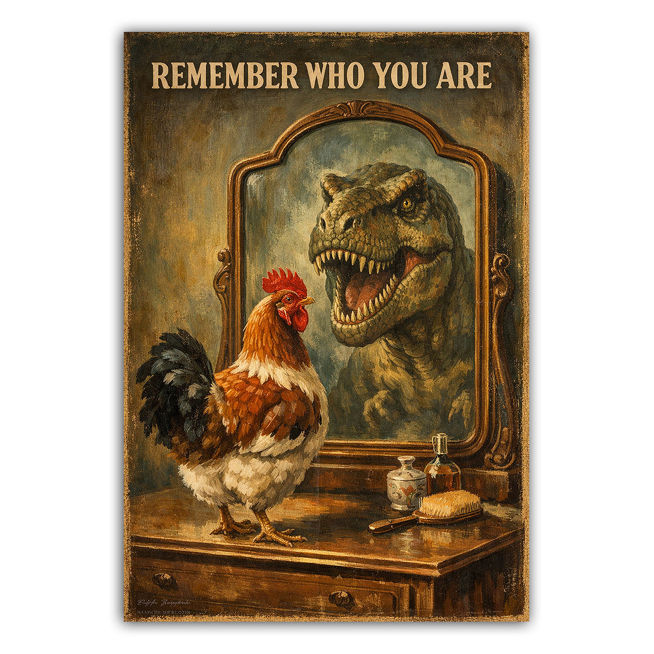 Vintage-style painting of a rooster looking at itself in a mirror with a dinosaur reflection, with text 'Remember Who You Are'.