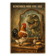 Vintage-style painting of a rooster looking at itself in a mirror with a dinosaur reflection, with text 'Remember Who You Are'.