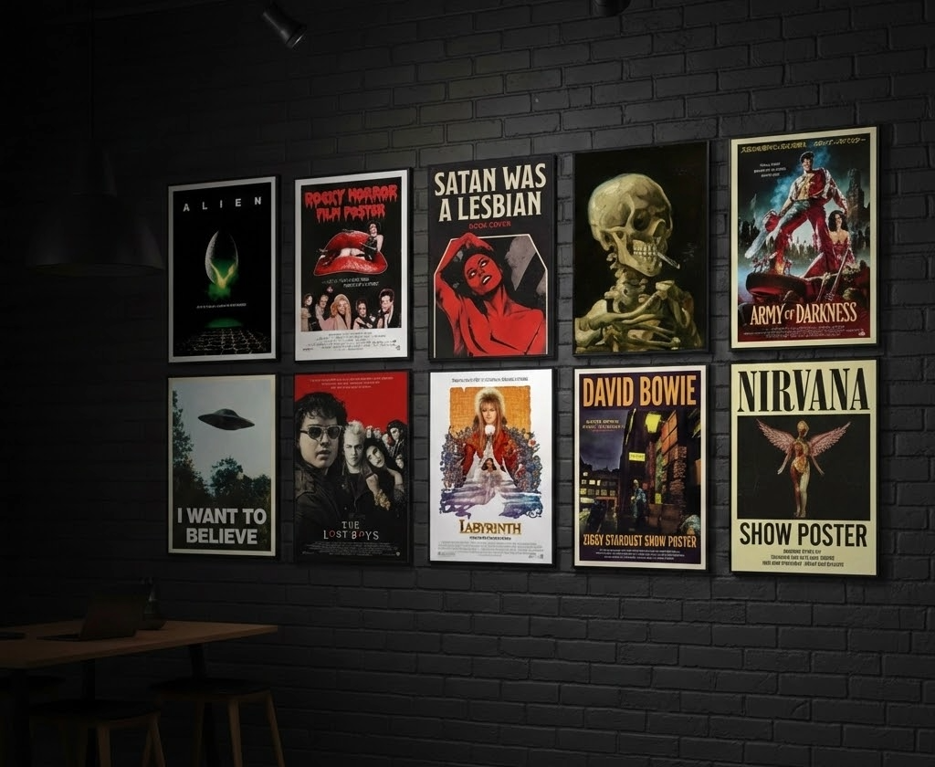 Collection of various posters on a black brick wall