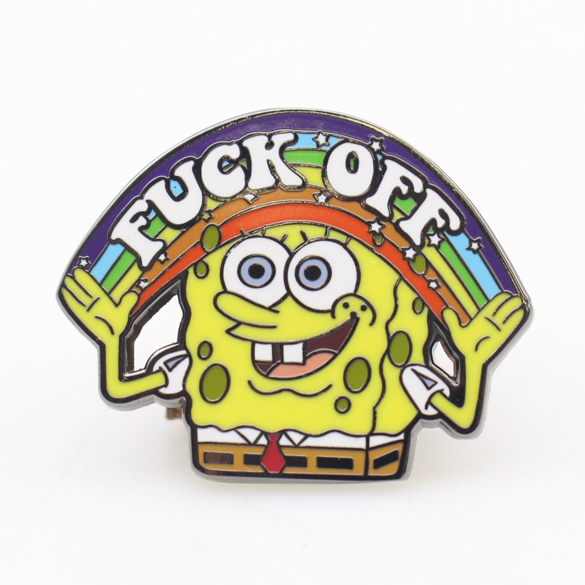 SpongeBob SquarePants with rainbow and 'F*ck Off' text on a white background
