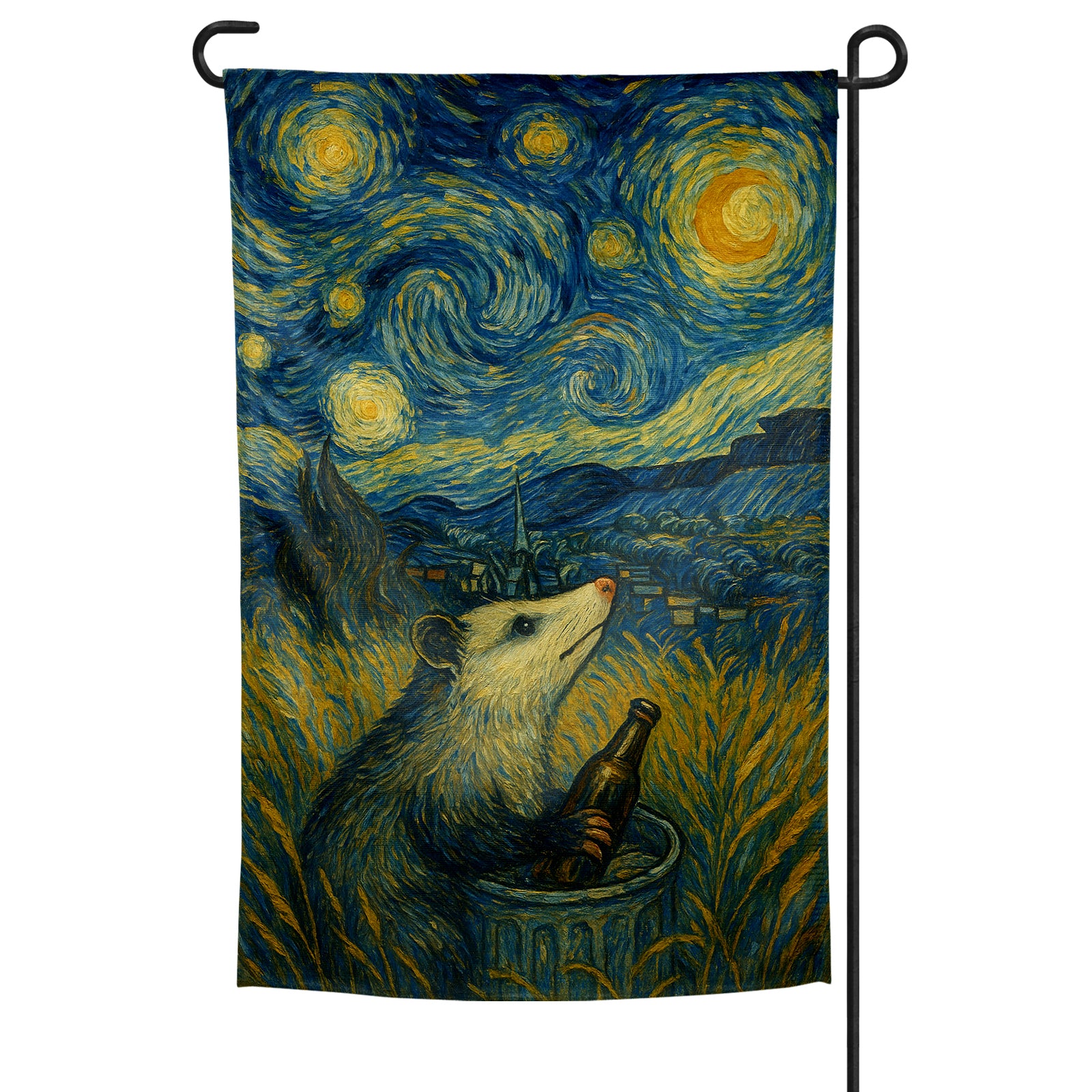 Garden flag with a possum holding a bottle in front of a Starry Night-inspired background