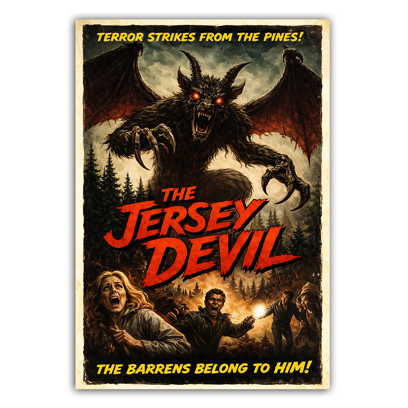 Vintage-style poster of the Jersey Devil with text and people in the background
