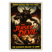 Vintage-style poster of the Jersey Devil with text and people in the background